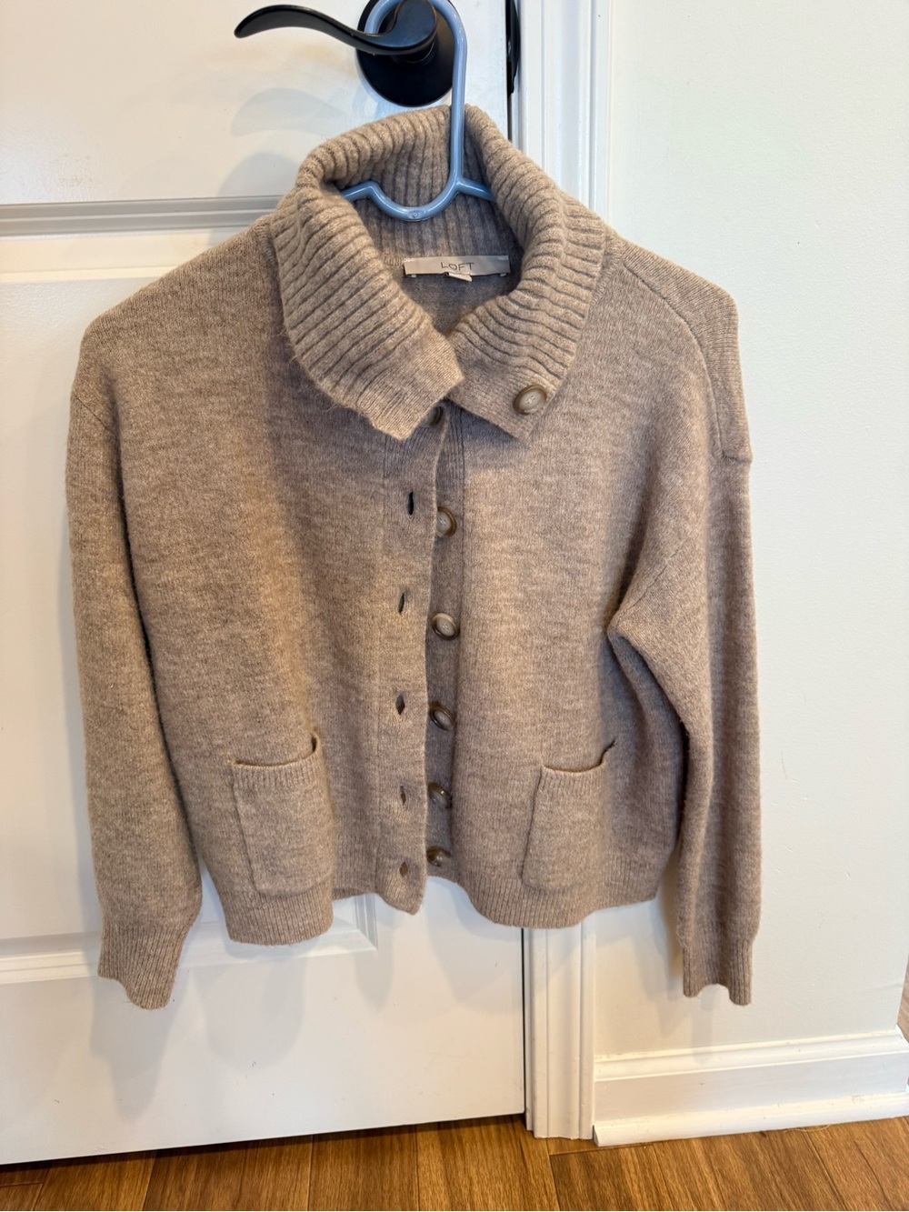 LOFT Taupe Ribbed Shawl Collar Button-Up Cardigan